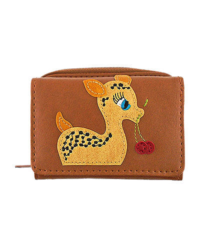 Deer with Cherry Applique Small Vegan Leather Trifold Wallet by Lavishy