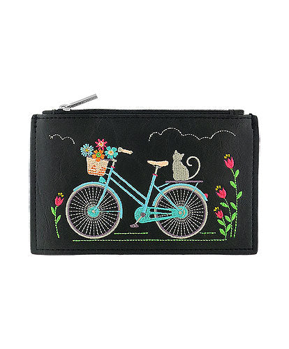 Cat on Bicycle Embroidered Vegan Flat Pouch by Lavishy - Compassionate Closet