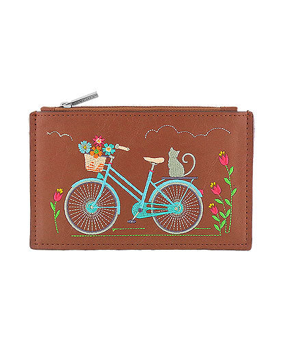 Cat on Bicycle Embroidered Vegan Flat Pouch by Lavishy - Compassionate Closet