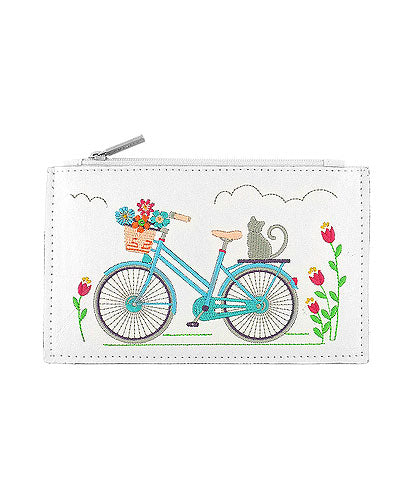 Cat on Bicycle Embroidered Vegan Flat Pouch by Lavishy - Compassionate Closet