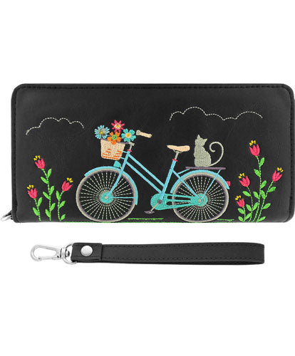 Cat on Bicycle Embroidered Wristlet Wallet by Lavishy - Compassionate Closet