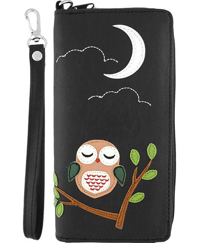Sleepy Owl Vegan Leather Wristlet Wallet by Lavishy - Compassionate Closet